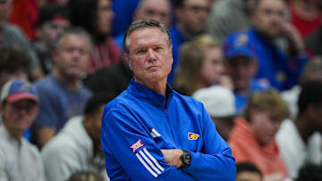 Nov 15, 2025; Lawrence, Kansas, USA; Kansas Jayhawks head coach Bill Self reacts during the first half against the Princeton Tigers at Allen Fieldhouse. Mandatory Credit: Jay Biggerstaff-Imagn Images
