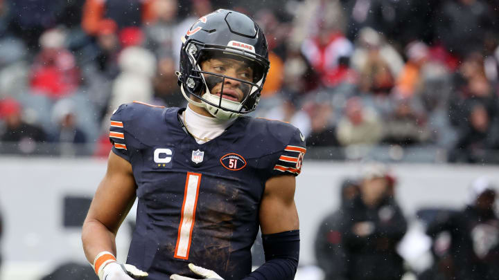 Dec 31, 2023; Chicago, Illinois, USA; Chicago Bears quarterback Justin Fields (1) during the second half against the Atlanta Falcons at Soldier Field. Mandatory Credit: Mike Dinovo-USA TODAY Sports