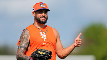 Feb 15, 2025; Port St. Lucie, FL, USA; New York Mets starting pitcher Sean Manaea (59) reacts during a spring training workout at Clover Park. Mandatory Credit: Sam Navarro-Imagn Images