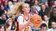 Mar 31, 2025; Spokane, WA, USA; USC Trojans guard Avery Howell (23) shoots against the UConn Huskies during the first half of a Elite 8 NCAA Tournament basketball game at Spokane Arena. Mandatory Credit: James Snook-Imagn Images