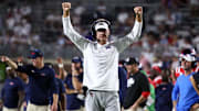 Aug 30, 2025; Oxford, Mississippi, USA; Mississippi Rebels head coach Lane Kiffin reacts during the fourth quarter against the Georgia State Panthers at Vaught-Hemingway Stadium. Mandatory Credit: Petre Thomas-Imagn Images