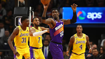 Dec 19, 2022; Phoenix, Arizona, USA; Phoenix Suns center Deandre Ayton (22) against the Los Angeles Lakers in the first half at Footprint Center. Mandatory Credit: Mark J. Rebilas-Imagn Images