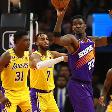 Dec 19, 2022; Phoenix, Arizona, USA; Phoenix Suns center Deandre Ayton (22) against the Los Angeles Lakers in the first half at Footprint Center. Mandatory Credit: Mark J. Rebilas-Imagn Images