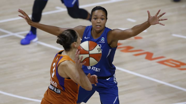 Sep 17, 2020; Bradenton, Florida, USA; Minnesota Lynx forward Napheesa Collier (24) guards against Phoenix Mercury guard Diana Taurasi (3) during the first half at the FELD Entertainment complex. Mandatory Credit: Reinhold Matay-Imagn Images