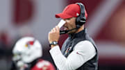 Nov 23, 2025; Glendale, Arizona, USA; Arizona Cardinals head coach Jonathan Gannon against the Jacksonville Jaguars at State Farm Stadium. Mandatory Credit: Mark J. Rebilas-Imagn Images
