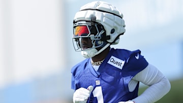Jul 24, 2025; East Rutherford, NJ, USA; New York Giants wide receiver Malik Nabers (1) on the field during training camp at Quest Diagnostics Training Center. Mandatory Credit: Vincent Carchietta-Imagn Images