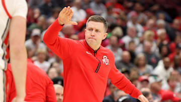 Nov 22, 2024; Columbus, Ohio, USA; Ohio State Buckeyes head coach Jake Diebler celebrates a defensive stop during the first half against the Campbell Fighting Camels at Value City Arena. Mandatory Credit: Joseph Maiorana-Imagn Images