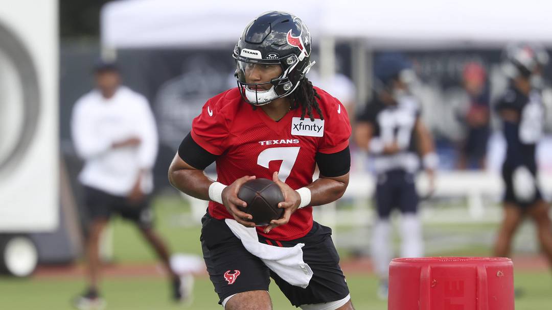 Jul 23, 2025; Houston, TX, USA;  Houston Texans quarterback C.J. Stroud (7) during training camp at Houston Methodist Training Center. Mandatory Credit: Troy Taormina-Imagn Images