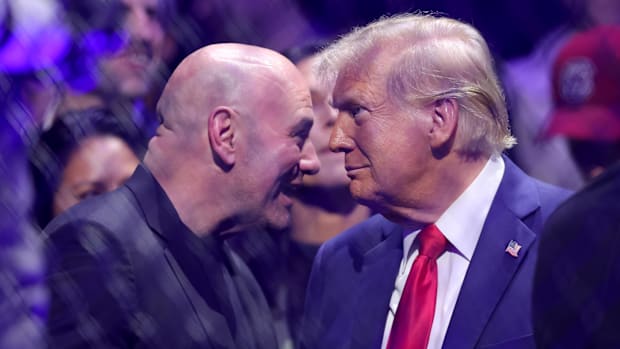 UFC CEO Dana White, left, talks to President-elect Donald Trump ringside during UFC 309.