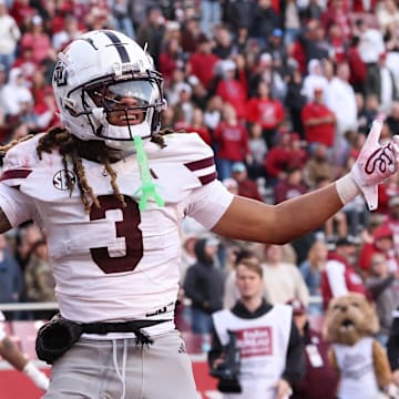 Nov 1, 2025; Fayetteville, Arkansas, USA; Mississippi State Bulldogs wide receiver Anthony Evans III (3) looks for a pass interference call after a play in the fourth quarter against the Arkansas Razorbacks at Donald W. Reynolds Razorback Stadium. Bulldogs won 38-35. Mandatory Credit: Nelson Chenault-Imagn Images
