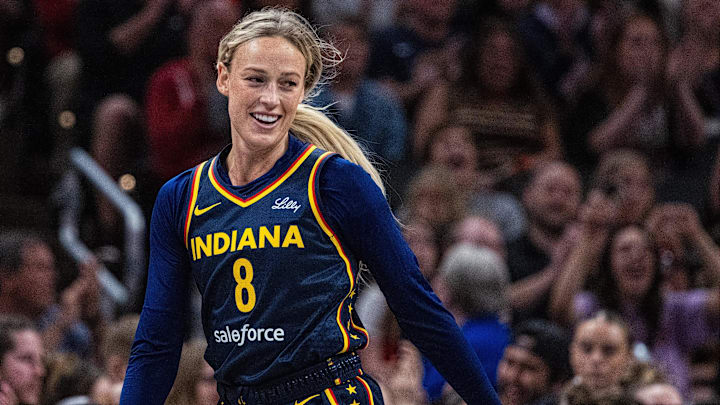 Jun 17, 2025; Indianapolis, Indiana, USA; Indiana Fever guard Sophie Cunningham (8) in the second half against the Connecticut Sun at Gainbridge Fieldhouse. Mandatory Credit: Trevor Ruszkowski-Imagn Images