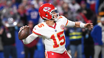 Nov 17, 2024; Orchard Park, New York, USA; Kansas City Chiefs quarterback Patrick Mahomes (15) throws a pass in the second quarter against the Buffalo Bills at Highmark Stadium. Mandatory Credit: Mark Konezny-Imagn Images