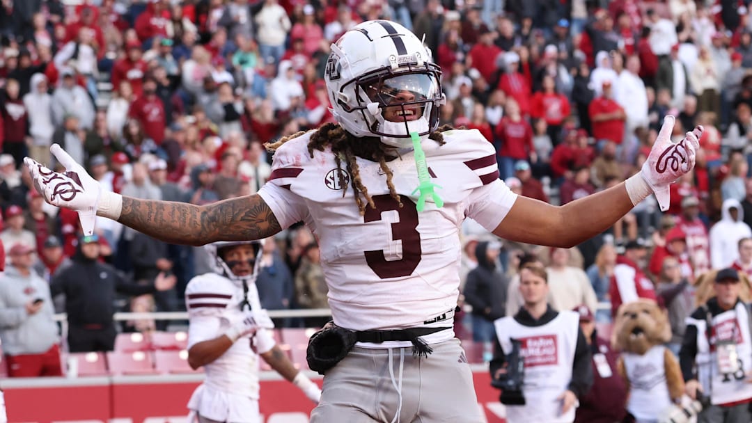 Nov 1, 2025; Fayetteville, Arkansas, USA; Mississippi State Bulldogs wide receiver Anthony Evans III (3) looks for a pass interference call after a play in the fourth quarter against the Arkansas Razorbacks at Donald W. Reynolds Razorback Stadium. Bulldogs won 38-35. Mandatory Credit: Nelson Chenault-Imagn Images