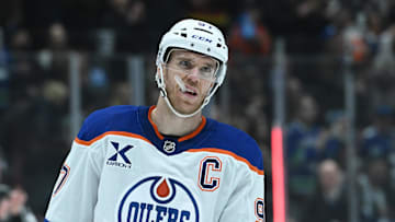 Oct 26, 2025; Vancouver, British Columbia, CAN;Edmonton Oilers center Connor McDavid (97) getting ready for the faceoff during the second period against the Vancouver Canucks at Rogers Arena. Mandatory Credit: Simon Fearn-Imagn Images