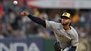 May 23, 2025; Pittsburgh, Pennsylvania, USA;  Milwaukee Brewers starting pitcher Freddy Peralta (51) delivers a pitch against the Pittsburgh Pirates during the first inning at PNC Park. Mandatory Credit: Charles LeClaire-Imagn Images