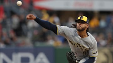 May 23, 2025; Pittsburgh, Pennsylvania, USA;  Milwaukee Brewers starting pitcher Freddy Peralta (51) delivers a pitch against the Pittsburgh Pirates during the first inning at PNC Park. Mandatory Credit: Charles LeClaire-Imagn Images