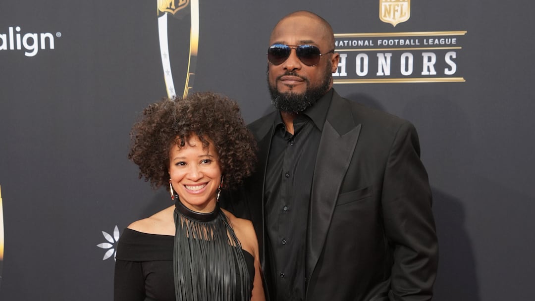 Feb 8, 2024; Las Vegas, NV, USA; Mike Tomlin and Kiya Winston on the red carpet before the NFL Honors show at Resorts World Theatre. Mandatory Credit: Kirby Lee-Imagn Images