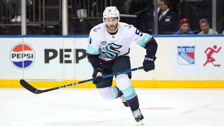 Dec 8, 2024; New York, New York, USA; Seattle Kraken center Shane Wright (51) skates against the New York Rangers during the third period at Madison Square Garden. Mandatory Credit: Danny Wild-Imagn Images