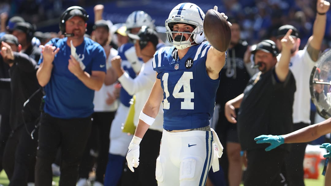 Sep 7, 2025; Indianapolis, Indiana, USA; Indianapolis Colts wide receiver Alec Pierce (14) celebrates after making a catch during the second half against the Miami Dolphins at Lucas Oil Stadium. Mandatory Credit: Trevor Ruszkowski-Imagn Images