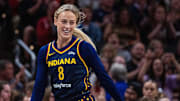 Jun 17, 2025; Indianapolis, Indiana, USA; Indiana Fever guard Sophie Cunningham (8) in the second half against the Connecticut Sun at Gainbridge Fieldhouse. Mandatory Credit: Trevor Ruszkowski-Imagn Images