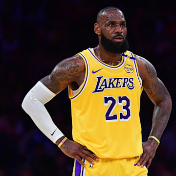 Apr 30, 2025; Los Angeles, California, USA; Los Angeles Lakers forward LeBron James (23) reacts during the first half in game five of first round for the 2025 NBA Playoffs at Crypto.com Arena. Mandatory Credit: Gary A. Vasquez-Imagn Images