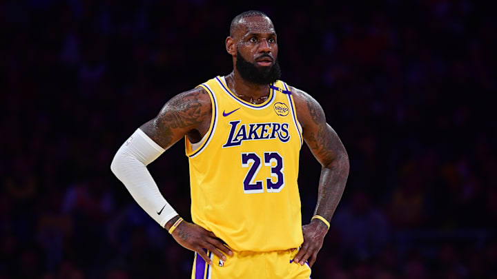 Apr 30, 2025; Los Angeles, California, USA; Los Angeles Lakers forward LeBron James (23) reacts during the first half in game five of first round for the 2025 NBA Playoffs at Crypto.com Arena. Mandatory Credit: Gary A. Vasquez-Imagn Images