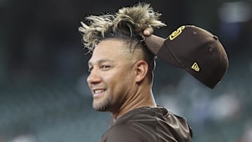 Apr 18, 2025; Houston, Texas, USA; San Diego Padres first baseman Yuli Gurriel (10) looks on during batting practice before the game against the Houston Astros at Daikin Park.