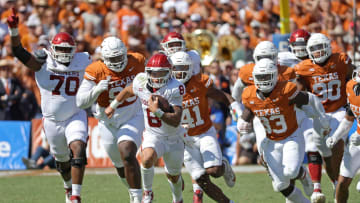 Oklahoma quarterback Dillon Gabriel (8) carries the ball during his team's game against Texas at the Cotton Bowl in Dallas, Saturday, Oct. 7, 2023.
