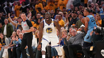 Apr 15, 2025; San Francisco, California, USA; Golden State Warriors forward Draymond Green (23) reacts after being called for his sixth foul of the game against the Memphis Grizzlies in the fourth quarter at the Chase Center. Mandatory Credit: Cary Edmondson-Imagn Images