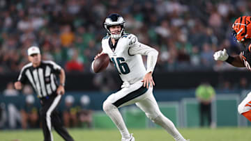 Philadelphia Eagles quarterback Tanner McKee. Mandatory Credit: Bill Streicher-Imagn Images
