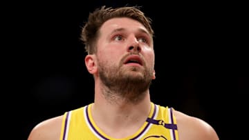 Mar 10, 2025; Brooklyn, New York, USA; Los Angeles Lakers guard Luka Doncic (77) reacts during the third quarter against the Brooklyn Nets at Barclays Center. Mandatory Credit: Brad Penner-Imagn Images