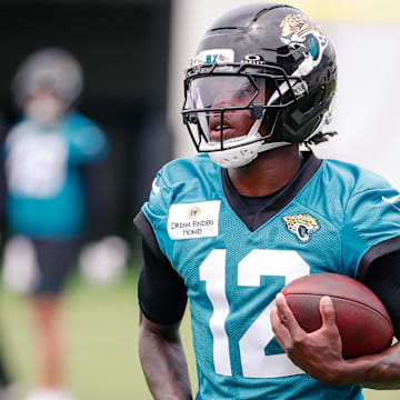 May 10, 2025; Jacksonville, FL, USA; Jacksonville Jaguars wide receiver Travis Hunter (12) during rookie minicamp at Miller Electric Center. Mandatory Credit: Travis Register-Imagn Images