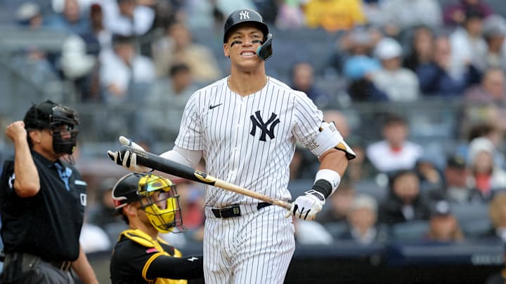 Sep 28, 2024; Bronx, New York, USA; New York Yankees center fielder Aaron Judge (99) reacts after striking out during the fourth inning against the Pittsburgh Pirates at Yankee Stadium. Mandatory Credit: Brad Penner-Imagn Images