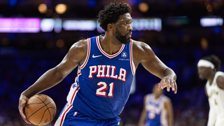 Nov 15, 2023; Philadelphia, Pennsylvania, USA; Philadelphia 76ers center Joel Embiid (21) controls the ball against the Boston Celtics during the third quarter at Wells Fargo Center. Mandatory Credit: Bill Streicher-USA TODAY Sports