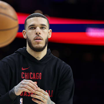 Feb 24, 2025; Philadelphia, Pennsylvania, USA; Chicago Bulls guard Lonzo Ball before a game against the Philadelphia 76ers at Wells Fargo Center.