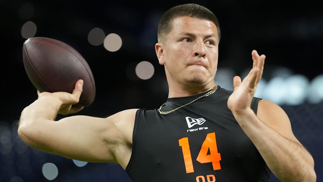 Vanderbilt quarterback Diego Pavia throws a pass at the Scouting Combine.