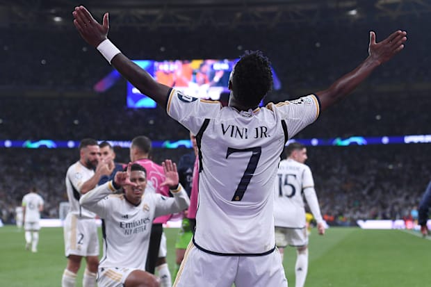 Vinicius Junior celebrates in the Champions League final.