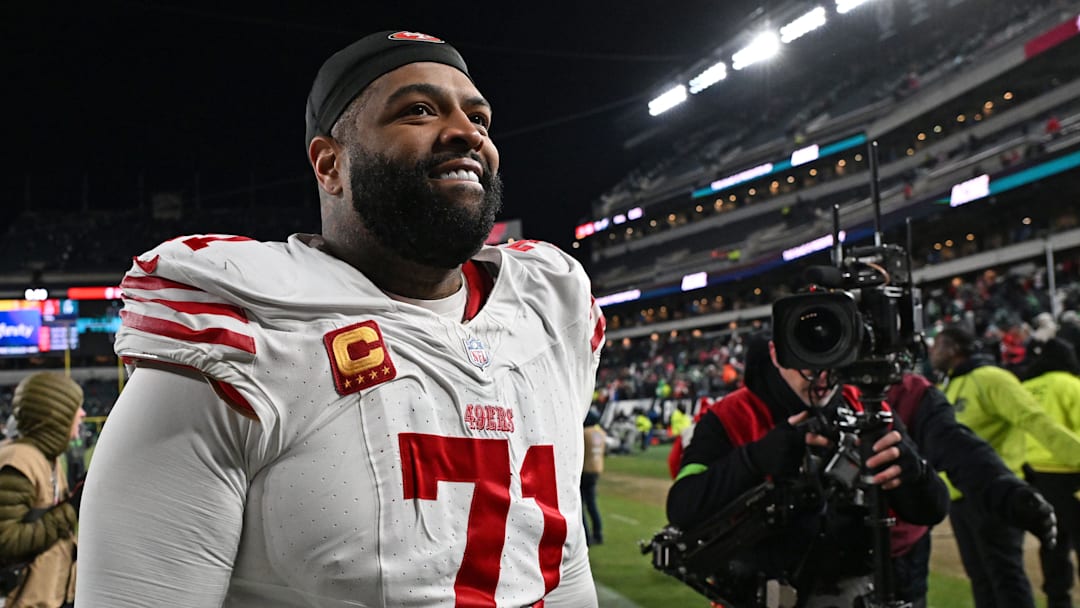 Jan 11, 2026; Philadelphia, PA, USA; San Francisco 49ers offensive tackle Trent Williams (71) walks off the field after win against the Philadelphia Eagles in an NFC Wild Card Round game at Lincoln Financial Field. Mandatory Credit: Eric Hartline-Imagn Images