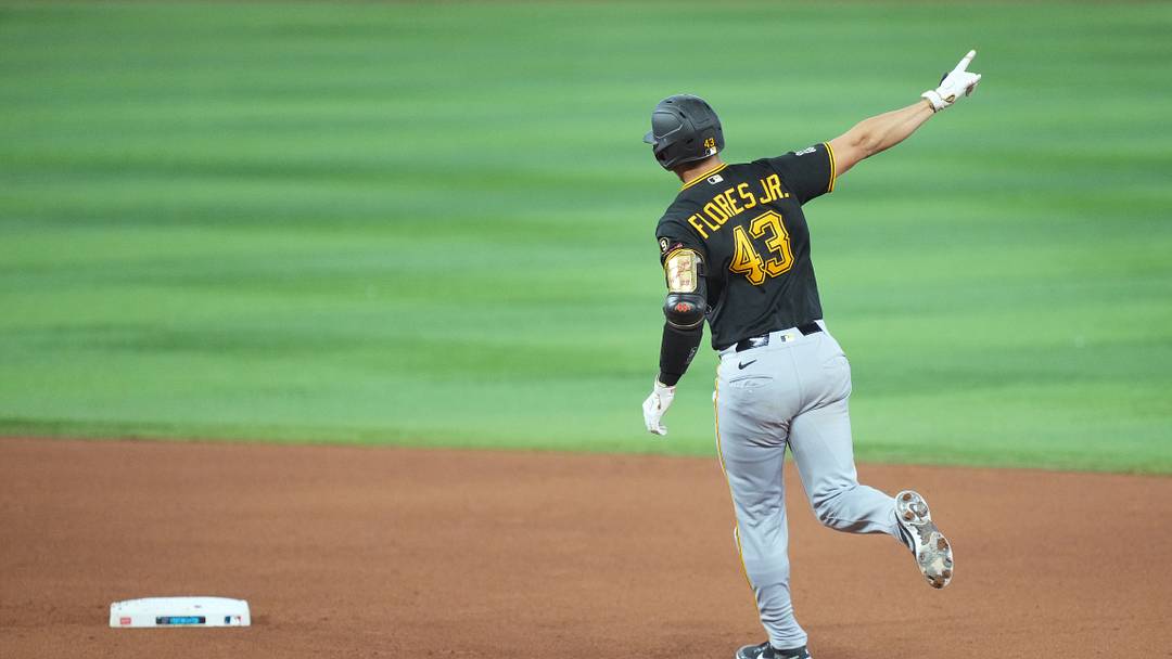 Aug 13, 2026; Miami, Florida, USA;  Pittsburgh Pirates catcher Rafael Flores Jr. (43) celebrates a three-run home run in the eighth inning against the Miami Marlins at loanDepot Park. Mandatory Credit: Jim Rassol-Imagn Images