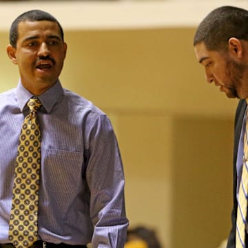 Texas A&M-Kingsville head men's basketball coach Johnny Estelle talks to his players on the bench in the game against Midwestern State Saturday, March 2, 2019, in D.L. Ligon Coliseum at MSU Texas.

Bkc Msu Texas Tamkingsville