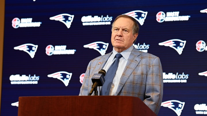 Jan 11, 2024; Foxborough, MA, USA; New England Patriots former head coach Bill Belichick holds a press conference at Gillette Stadium to announce his exit from the team. Mandatory Credit: Eric Canha-USA TODAY Sports