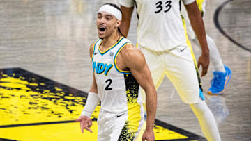 Apr 22, 2025; Indianapolis, Indiana, USA; Indiana Pacers guard Andrew Nembhard (2) celebrates a made shot during game two against the Milwaukee Bucks in the  first round for the 2024 NBA Playoffs at Gainbridge Fieldhouse. Mandatory Credit: Trevor Ruszkowski-Imagn Images