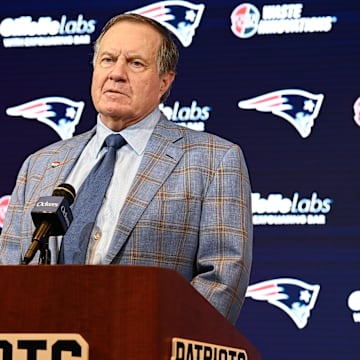 Jan 11, 2024; Foxborough, MA, USA; New England Patriots former head coach Bill Belichick holds a press conference at Gillette Stadium to announce his exit from the team. Mandatory Credit: Eric Canha-Imagn Images