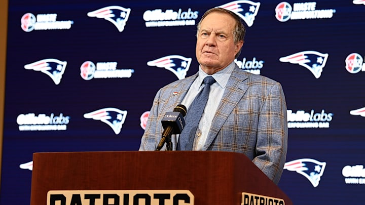 Jan 11, 2024; Foxborough, MA, USA; New England Patriots former head coach Bill Belichick holds a press conference at Gillette Stadium to announce his exit from the team. Mandatory Credit: Eric Canha-Imagn Images