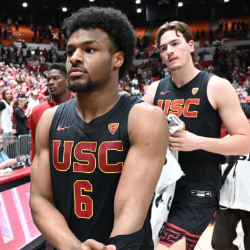 Feb 29, 2024; Pullman, Washington, USA; USC Trojans guard Bronny James (6) walks off the court after a game against the Washington State Cougars at Friel Court at Beasley Coliseum. Washington State Cougars won 75-72. Mandatory Credit: James Snook-USA TODAY Sports