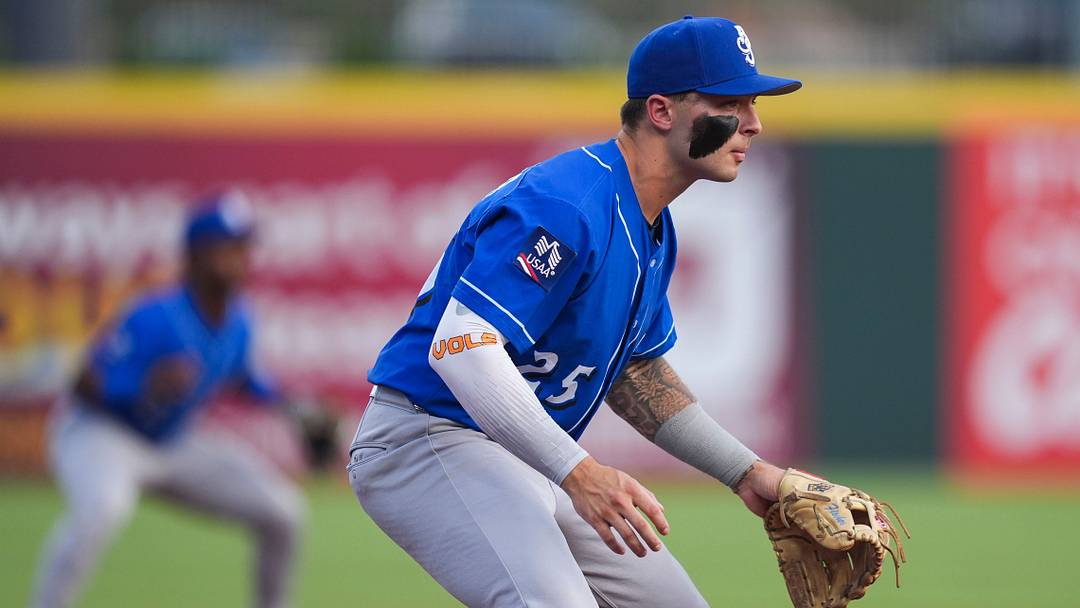 Biloxi Shuckers infielder Andrew Fischer (25) during a minor league baseball game between the Knoxville Smokies and Biloxi Shuckers at Covenant Health Park in Knoxville, Tenn., on July 7, 2026.