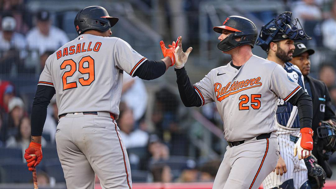 May 1, 2026; Bronx, New York, USA; Baltimore Orioles first baseman Pete Alonso (25) celebrates with catcher Samuel Basallo (29) after hitting a solo home run during the first inning against the New York Yankees at Yankee Stadium. Mandatory Credit: Vincent Carchietta-Imagn Images