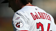 Cleveland Guardians center fielder Chase DeLauter’s MLB debut patch is seen on his shoulder as he warms up before Game 2 of the American League wild card series at Progressive Field, Oct. 1, 2025, in Cleveland, Ohio.