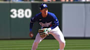 Los Angeles Dodgers second base Hyeseong Kim (6) fields a ground ball against the San Francisco Giants during the third inning at Camelback Ranch-Glendale on March 1.