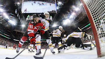 Dawson Mercer (#91 New Jersey Devils) scored two goals in the 5-1 victory over the Boston Bruins